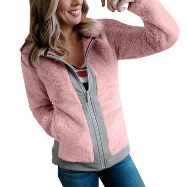 

womens winter warm fleece with pockets zip open front outwear coat, Black;brown