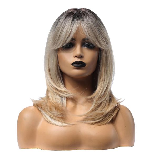 

20inch women punk synthetic middle part straight layered wigs for music festival, Black