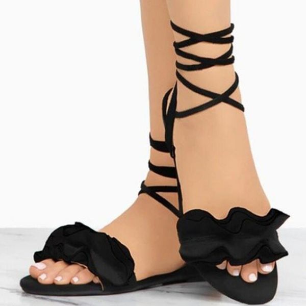 

women summer sandals summer flat sandals fashion flock flowers decor women beach flat gladiator plus size 52 53, Black