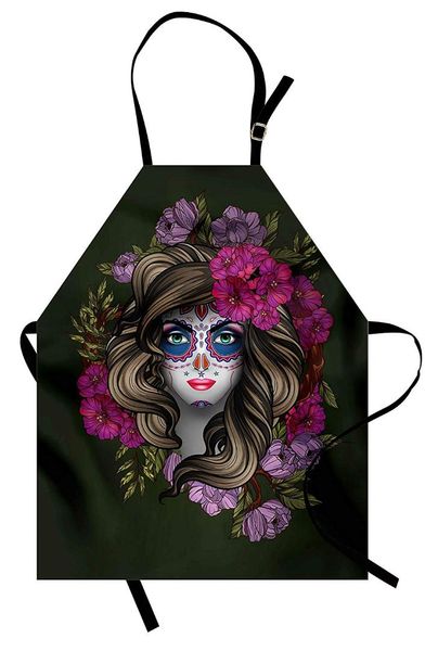 

makeup apron calavera day of the dead mexican sugar skull faced woman with floral head halloween kitchen bib apron for cooking