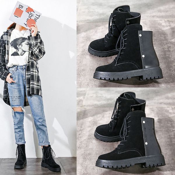 

boots women new 2019 women's rubber shoes rain lace up luxury designer leather booties platform round toe winter footwear, Black