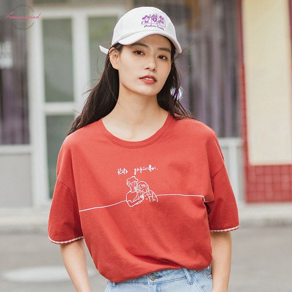 

short 2020 summer new arrival literary funny printed check splicing pure cotton loose short sleeve t shirt, White