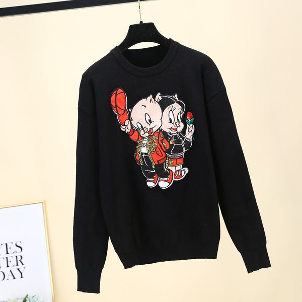 

autumn 2019 new european and american women's wear long sleeve round collar cartoon embroidery knitting sweater, White;black