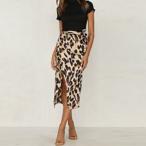 

summer ladies split leopard skirts chiffon belt womens one piece skirts panelled female a line skirts, Black
