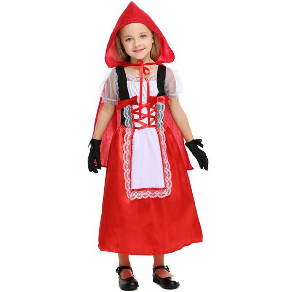 

little red riding hood costume for girls kids fantasia halloween purim party cosplay fancy hooded dress+gloves cosplay costume, Black;red