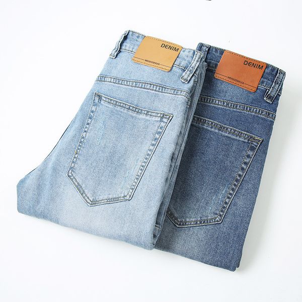 

2019 summer jeans men's small straight slim mid-rise business men's jeans light stretch denim trousers more sizes 28-36 38, Blue