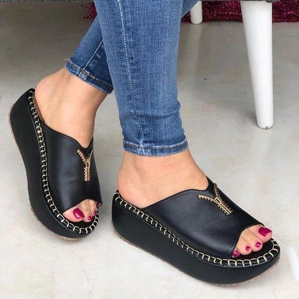 

2020 female slippers summer fashion wear room with all-match muffin bottom slope thick soled sandals tide shoes woman, Black