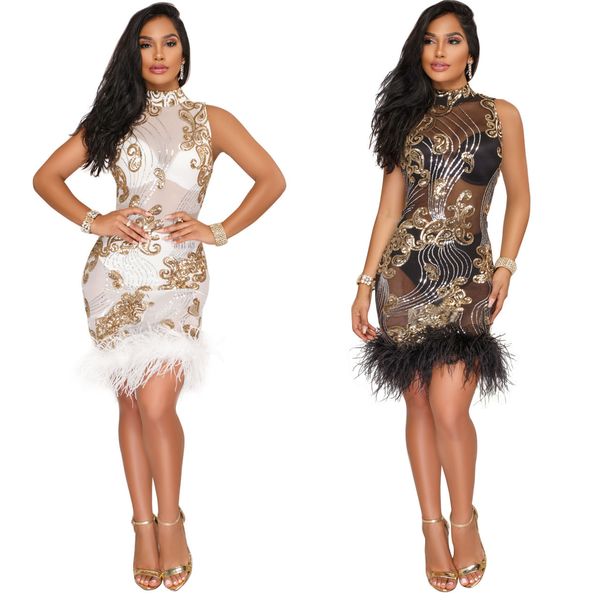 

2019 europe and the united states explosion models fashion sequins mesh perspective dress furry, Black;gray