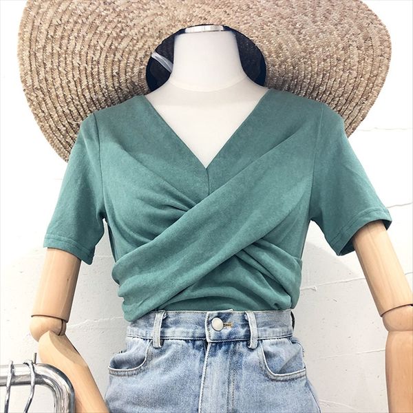 

design sense green v-neck short-sleeved clothing t- 2019 summer clothes slim base half-sleeved shirt t-shirt female, White