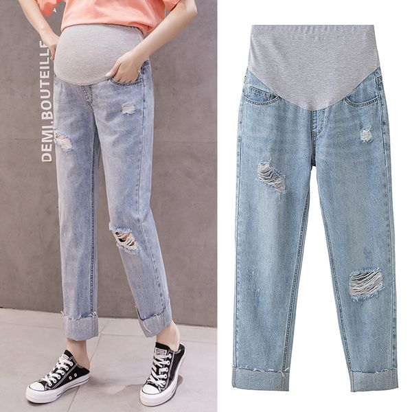 

maternity bottoms 8900# pants summer jeans belly support straight wide-legged abdomen elastic waist, White