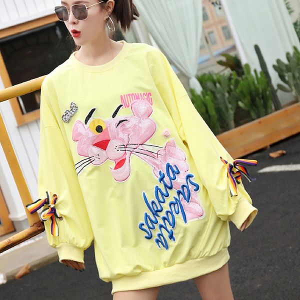

vefadisa sequin tiger sweatshirt women letter embroidery long sleeve sweatshirt with bow-knot pullover loose zld619, Black
