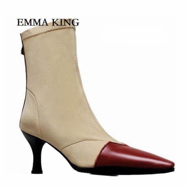 

women pointed toe madame ankle boots high heels stretch vintage boots women fashion party shoes botas mujer plus size, Black