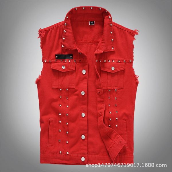 

men's spring summer autumn vest red slim rivets sleeveless vest button, Black;white