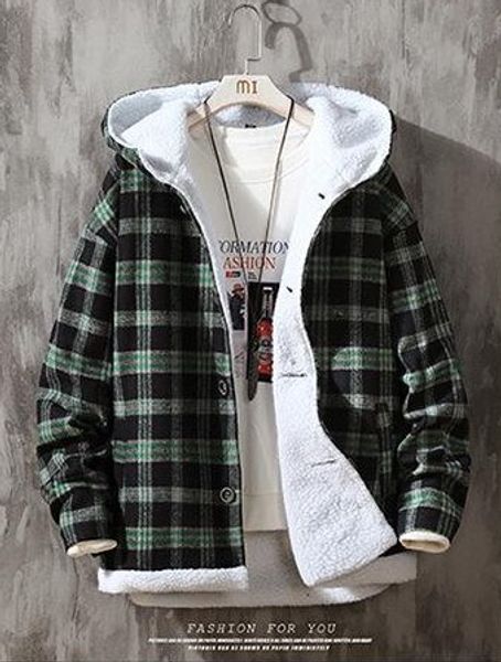 

autumn and winter new jacket casual jacket plaid hooded lamb wool coat men's clothing 2 colors, Black;brown