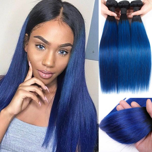 Ombre Blue Straight Human Hair Bundles 3 Brazilian Human Hair Weave 10 26 1b Blue Color Brazilian Hair Extensions For Black Women Curly Remy Hair