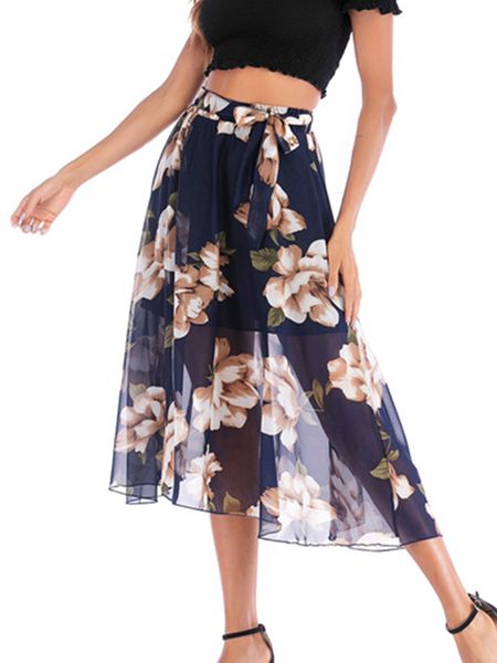 

summer floral print midi skirts chiffon elastic high waist skirts women loose long blue thin skirt casual female flower layer, Black