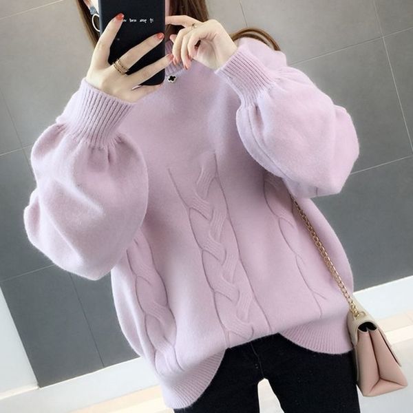 

o neck pullovers pink knit jumper women sweater colorful lantern sleeve winter casual loose oversize sweater pull femme, White;black