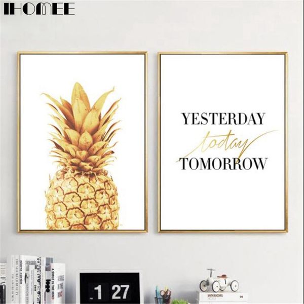 

ihomee canvas wall art painting gold pineapple posters and print pictures for living room bedroom home wall decor drop shipping