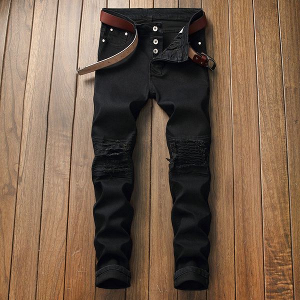 

mens skinny jeans runway slim biker casual jeans denim knee hole hiphop pants washed ing, Blue
