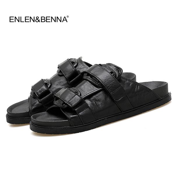 

sandals 2021 summer genuine leather men fashion quality gladiator beach slippers casual big size46, Black