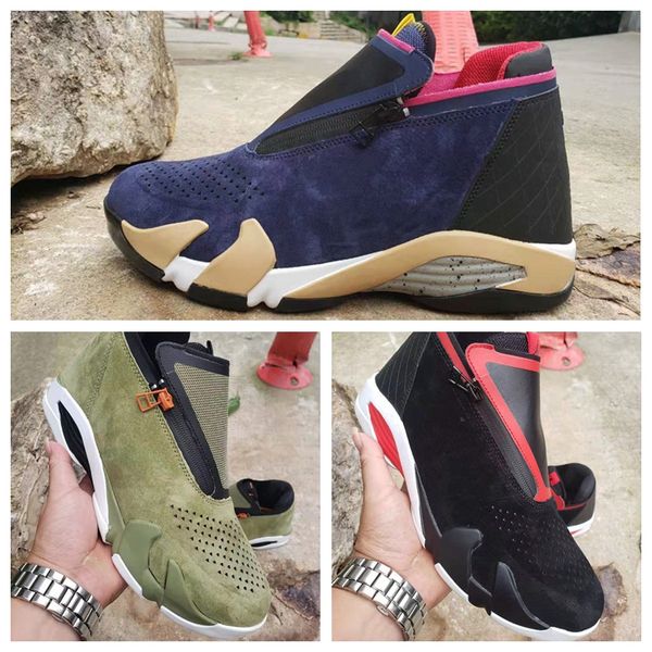 

14 14s zipper basketball shoes men suede olive mesh last sblack red fusion jumpman z 14s xiv playoffs sneakers size 40-47