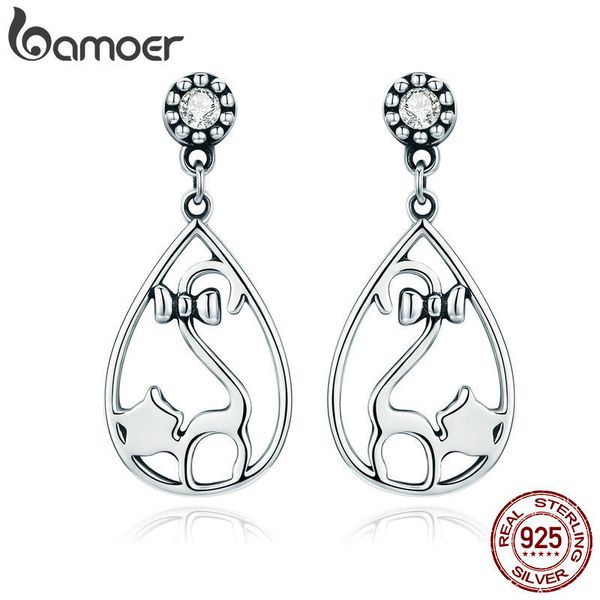 

bamoer authentic 925 sterling silver naughty cat with bowknot cz drop earrings for women sterling silver jewelry gift sce365