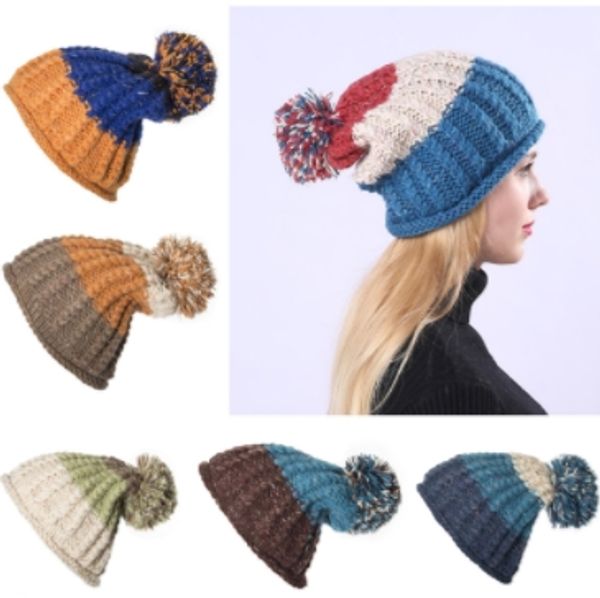 

2019 new fashion european style women handmade thick wool color matching stripes knitting hats lovers autumn winter single layer wool, Blue;gray