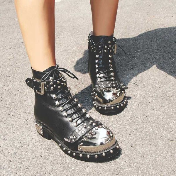 

punk genuine leather boots women rivets square heels autumn winter ankle boots shoes woman motorcycle snow, Black
