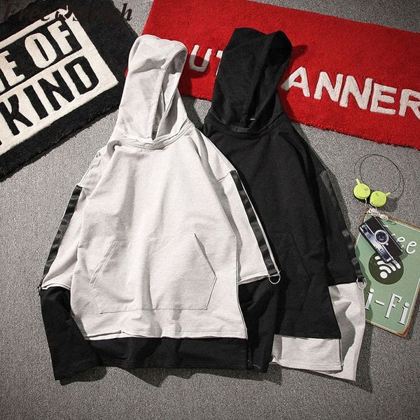 

pullover men hooded sweatshirt long sleeve loose hip hop patchwork winter coat plus size sports sweatshirt drawstring casual top, Black