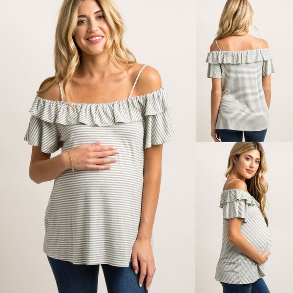 

женщины с коротким рукавом беременных ремни материнства полоса оборками спинки топы, White