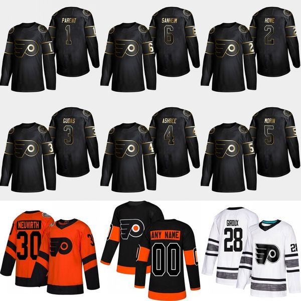

6 travis sanheim 2019 golden edition philadelphia flyers 5 samuel morin 4 barry ashbee 3 radko gudas 2 mark howe 1 bernie parent jersey, Black;red