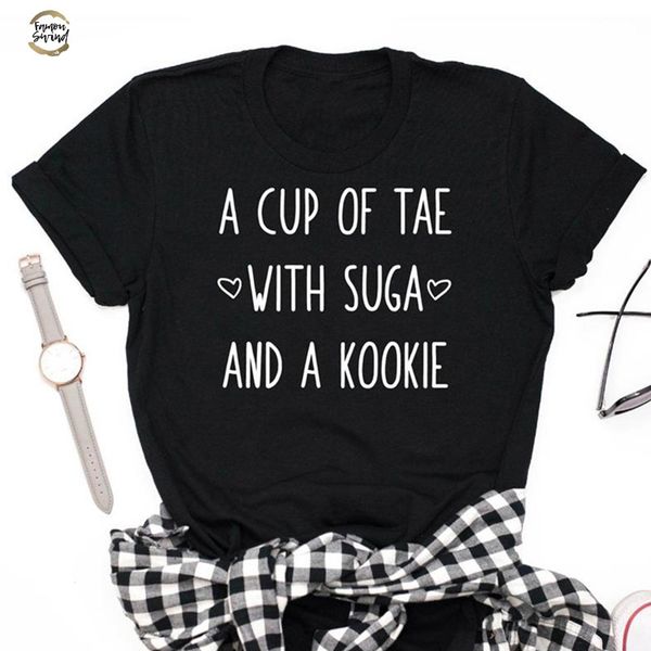 

tae suga v neck kookie t shirt agust d women casual a cup tea min yoongi cotton plus size graphic top, White