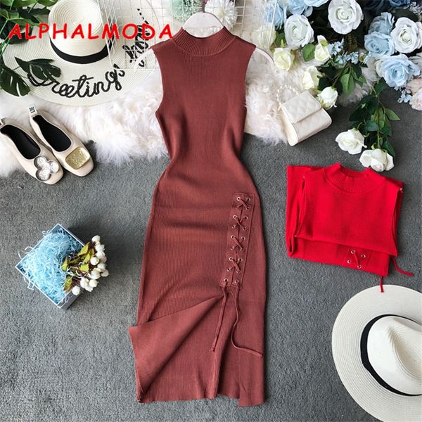 

alphalmoda vintage knit dress sleevelesss 2019 autumn lace up slim sheath knitting bottom dress, Black;gray