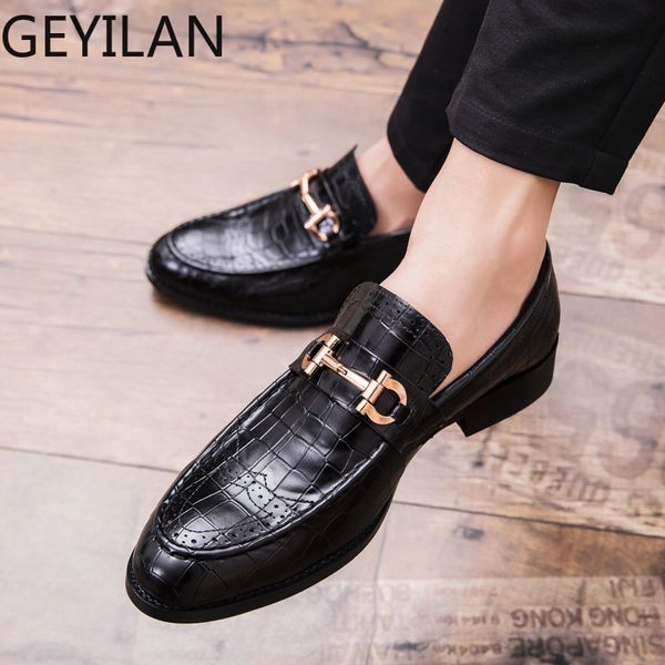 

2019 men formal business brogue shoes men's crocodile dress shoes male casual genuine leather wedding party loafers, Black