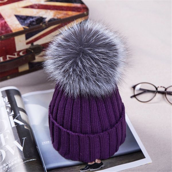 

new winter knitted real fur hat thicken beanies hats with 12cm real fox fur pom poms women christmas fashion warm caps snapback hats, Blue;gray