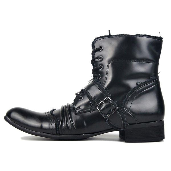 

men retro handmade genuine leather personalized buckle strap cowboy boots luxury fold leather motorcycles botas shoes, Black