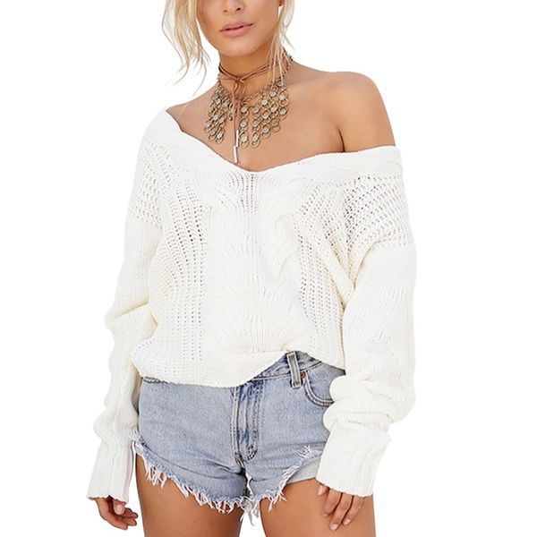 

b women western style v neck off shoulder jumper hollow out soft warm twist knitted sweater long sleeve knitwear sweater, White;black