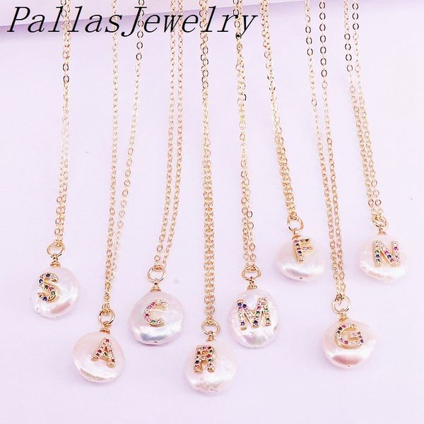 

10pcs, gold filled rainbow cz micro pave letter charm coin freshwater pearl bead pendant necklace, Silver