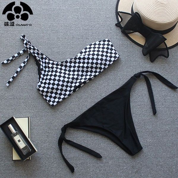 

plaid bikini set one shoulder swimwear women swimsuit female bathing suit separate push up bikinis bandage beach 2019 new