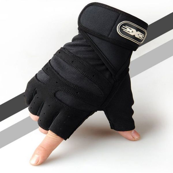 

men non slip breathable extended wrist support bodybuilding weightlifting sport fitness heavyweight training half finger gloves, Black