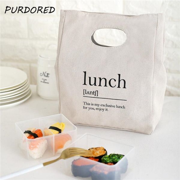 

purdored 1 pc portable solid color lunch bag doubles sides canvas insulated lunch bag for women thermal picnic bento box, Blue;pink