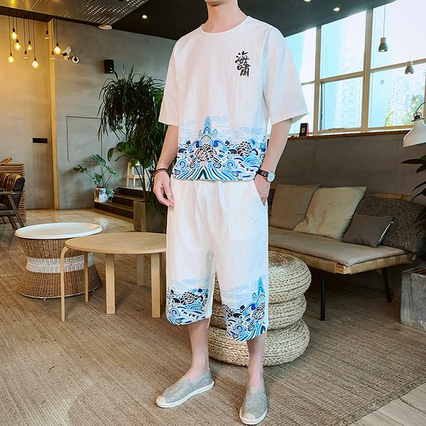 

summer chinese short sleeve t-shirt suit men's suit two piece loose tang, Gray