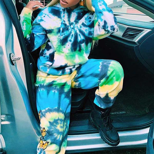 

tie dye два комплекта кусок matching для женщин толстовки толстовка бабочка печати брюки 2 piece set летние наряды mujer pantalones, White