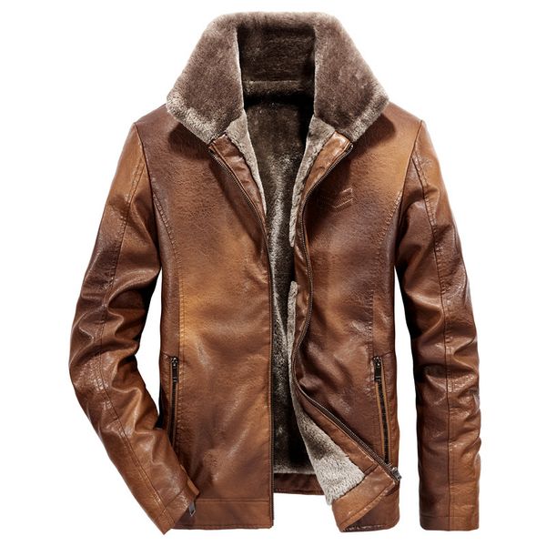 

winter clothes male lapel leather jacket locomotive man increase down loose coat, Black