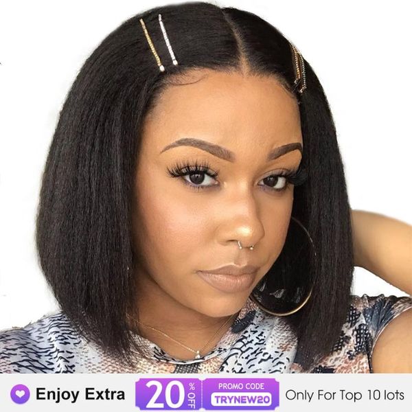 

hair kinky straight 13x4 lace front human hair wigs for women coarse yaki brazilian short bob color wigs human, Black;brown