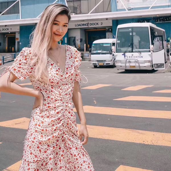 

floral print summer long midi dress women drawstring v-neck short sleeve party dress elegant vintage beach runway a829, Black;gray