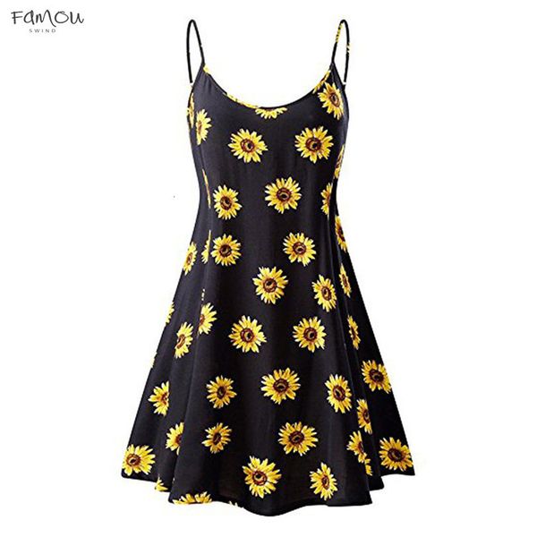 

2020 summer dresswomens vintage printed sleeveless strappy beach swing camis dress fashion casual sundress, Black;gray