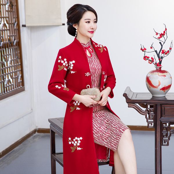 

winter 2018 lady 2pc cheongsam sets chinese style mandarin collar knee length dress womens qipao slim party dresses vestido, Black;gray