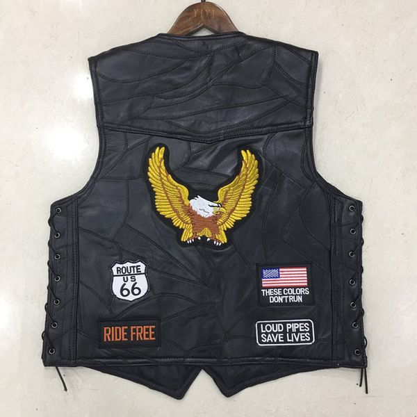 

black genuine leather motorcycle rider vest men punk retro classic style 14 patches motorcycle jacket men vest clothing, Black;white