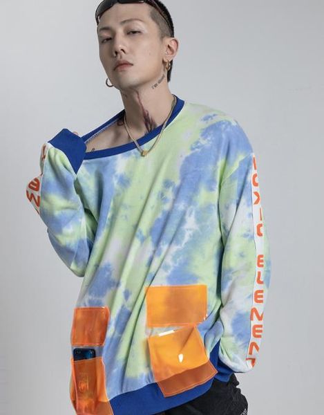 

letter print mens designer sweatshirts fashion loose tie dye panelled mens sweatshirts casual pullover males clothing, Black